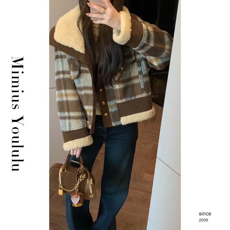 【mimius】喵喵  韩系羊羔毛拼接格纹毛呢短款外套 F11029