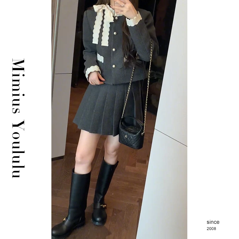 【mimius】喵喵 法式小香风短款洋气蕾丝侧系带套装 F11165