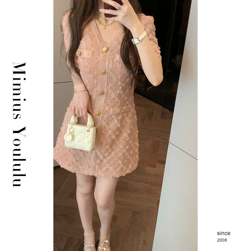 【mimius】橘子【甜粉蔷薇】立体玫瑰小香风连衣裙 汉服 F04284