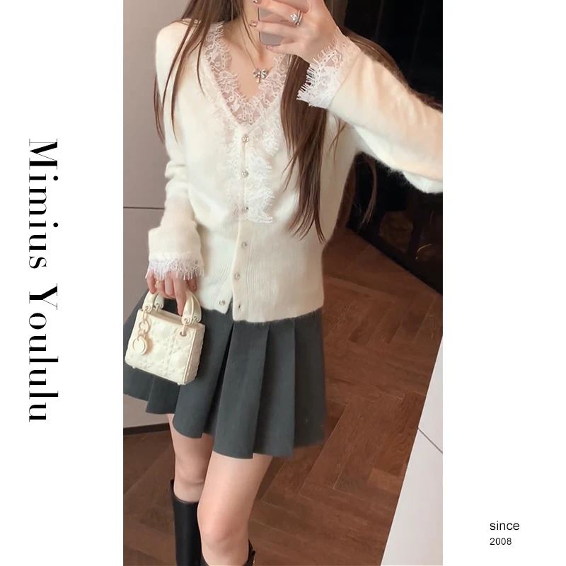 【mimius】游鹿鹿 法式别致蕾丝V领修身显瘦针织开衫 WF10125