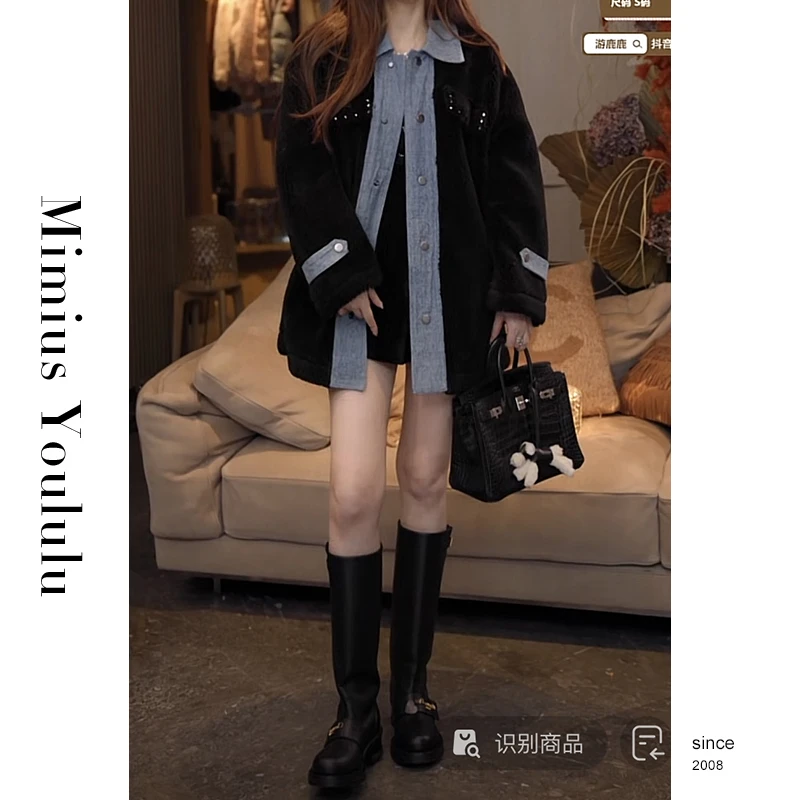 【mimius】喵喵  明星同款～小众设计款牛仔拼接羊毛外套 F09265