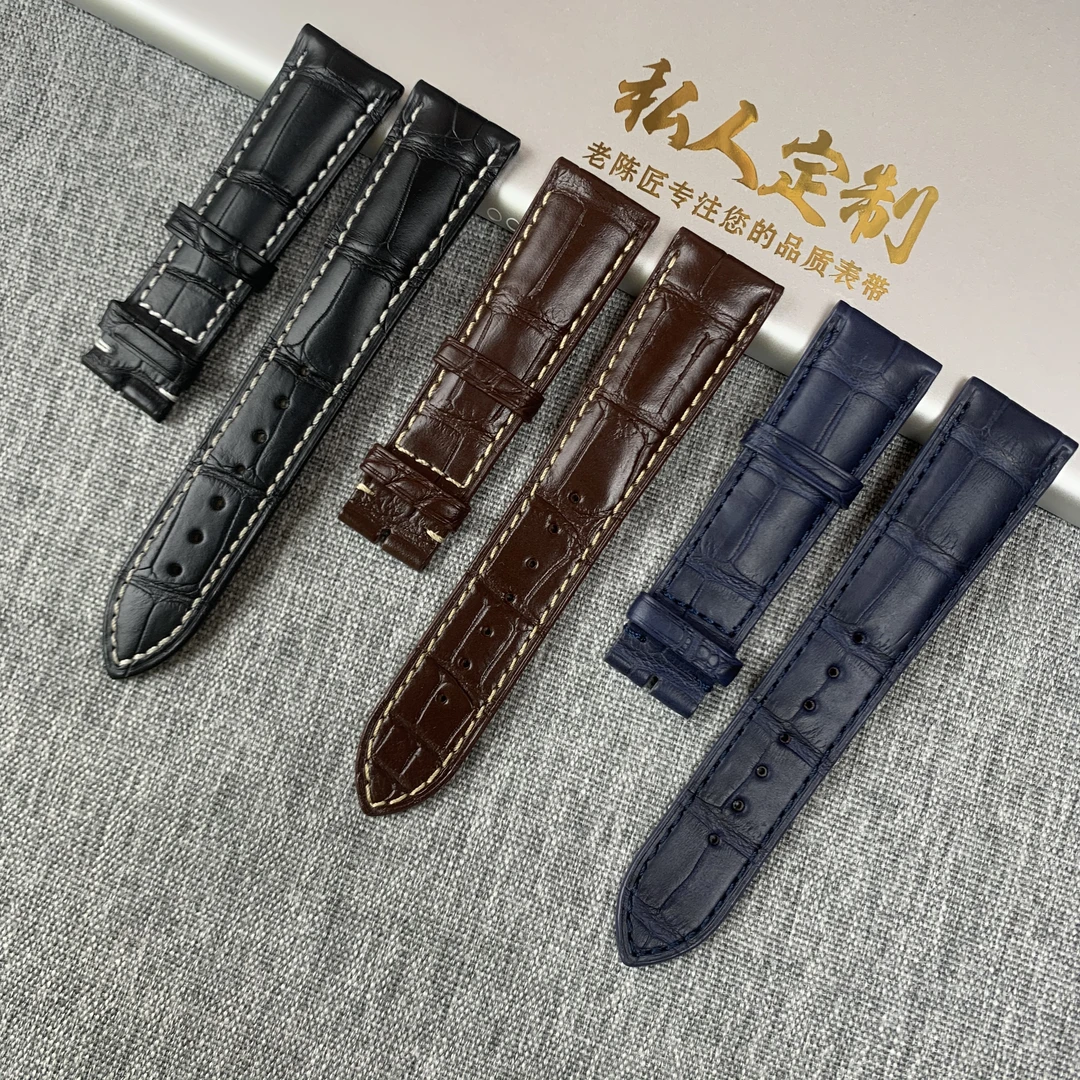 代用浪琴表带真皮原装鳄鱼皮带名匠八针月相蝴蝶扣手表表带男款