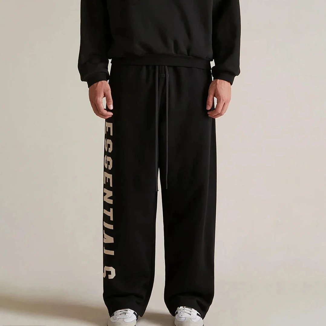 ESS24款加绒卫裤宽松休闲裤潮流抽绳男士印花高街黑色百搭秋季