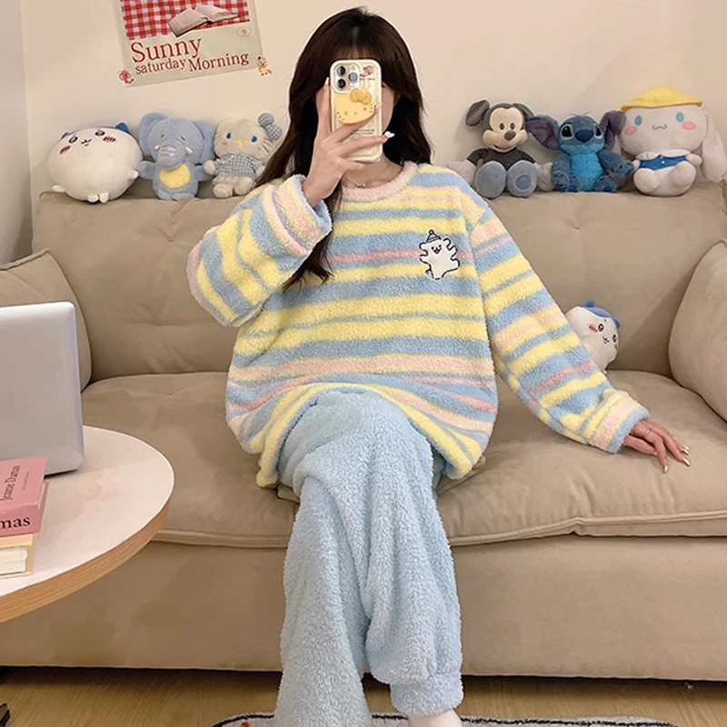 保暖加厚简约半边绒睡衣女秋冬季软绵绵珊瑚绒冬天家居服两件套