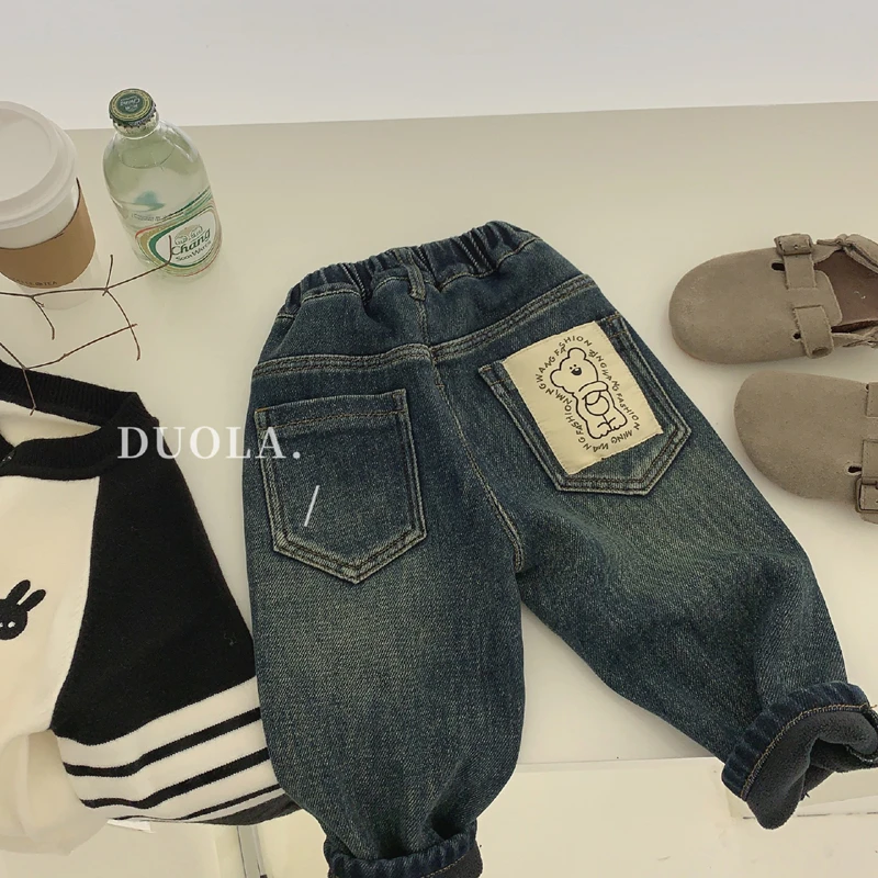 男童加绒牛仔裤秋冬款2024新款儿童一体绒洋气裤子冬季韩版休闲裤