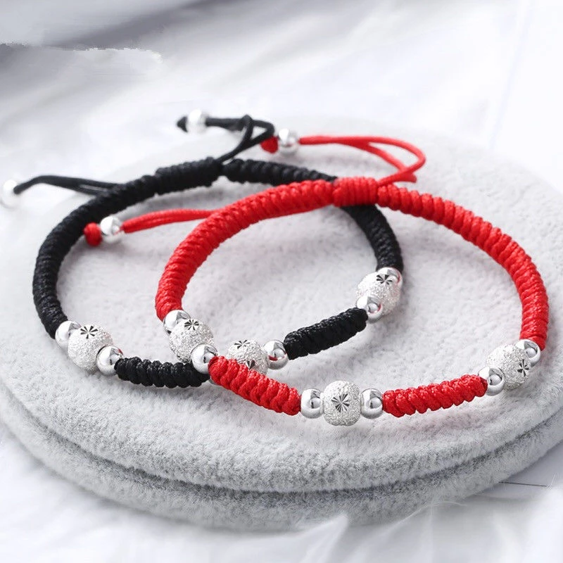 足银布艺手链 男女情侣一对 本命年转运珠红绳首饰手工编织礼物