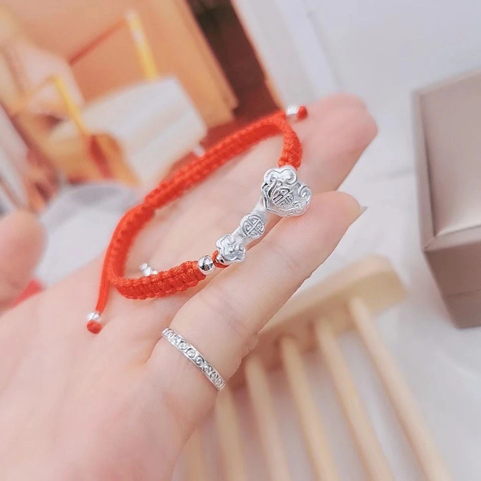 足银布艺手链 纯银小如意迷你银如意宝宝红绳手链足银手工编织