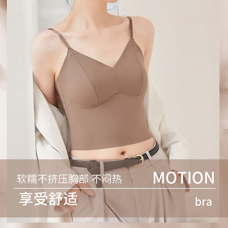 冰丝无痕吊带背心防走光美背内衣吸汗透气一体杯聚拢胸垫内搭3389