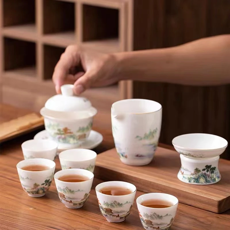 【达观说器】联谊59游春山水白瓷功夫茶具礼盒装家用客厅简约泡茶