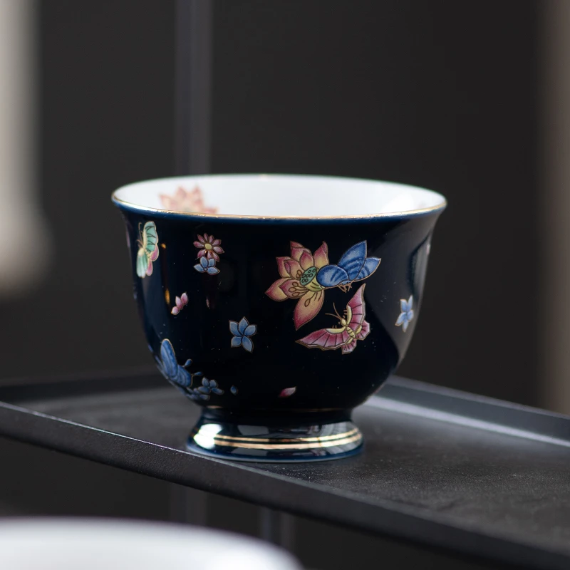 联谊霁蓝蝶恋花主人杯带礼盒手工描金陶瓷茶具茶杯大号防烫主人杯