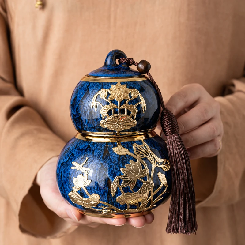 金镶玉双层葫芦茶叶罐陶瓷中式手工高档密封罐储茶罐茶叶罐礼盒装