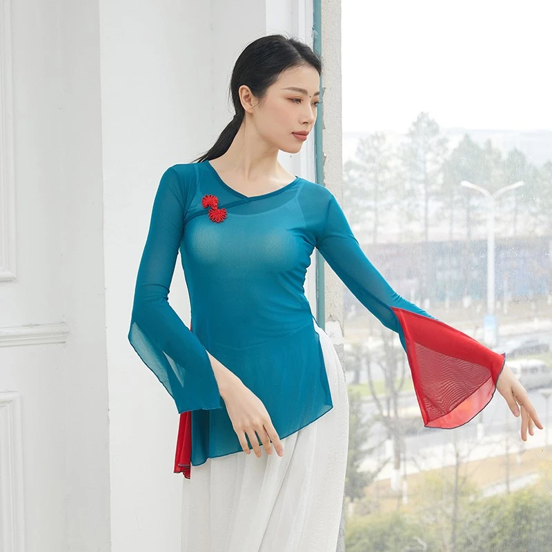 古典舞纱衣身韵演出练功服女民族舞舞蹈服喇叭拼色长袖艺考上衣