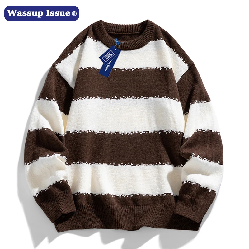 WASSUP ISSUE冬季情侣慵懒风宽松毛衣男士潮牌条纹圆领打底针织衫