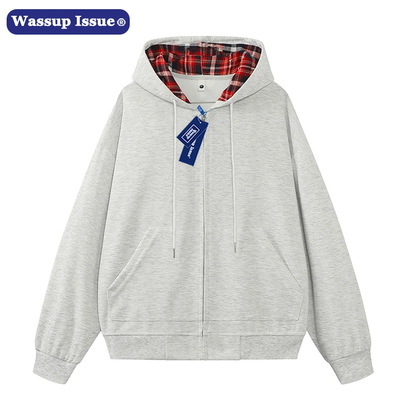 WASSUP ISSUE拼接格子连帽卫衣男士秋冬季白灰色宽松休闲情侣外套