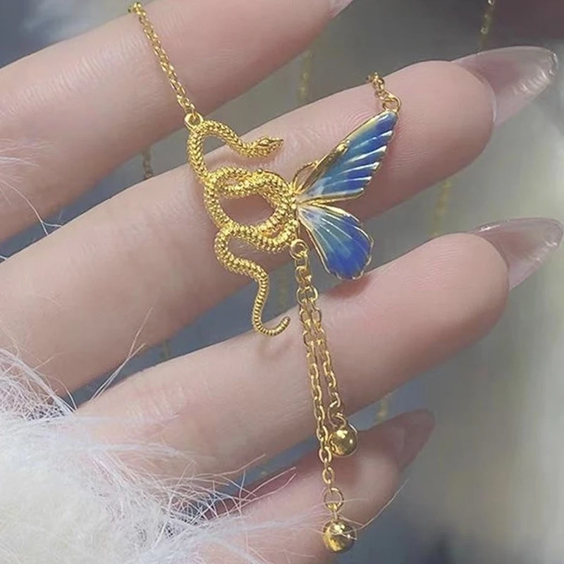 合金珐琅项链 轻奢珐琅感灵蛇蝴蝶项链饰品女ins流苏锁骨链小众
