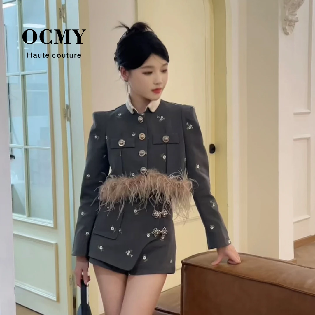 OCMY【品牌直营】新品新中式刺绣毛毛短款修身西装套装Y24Q36571