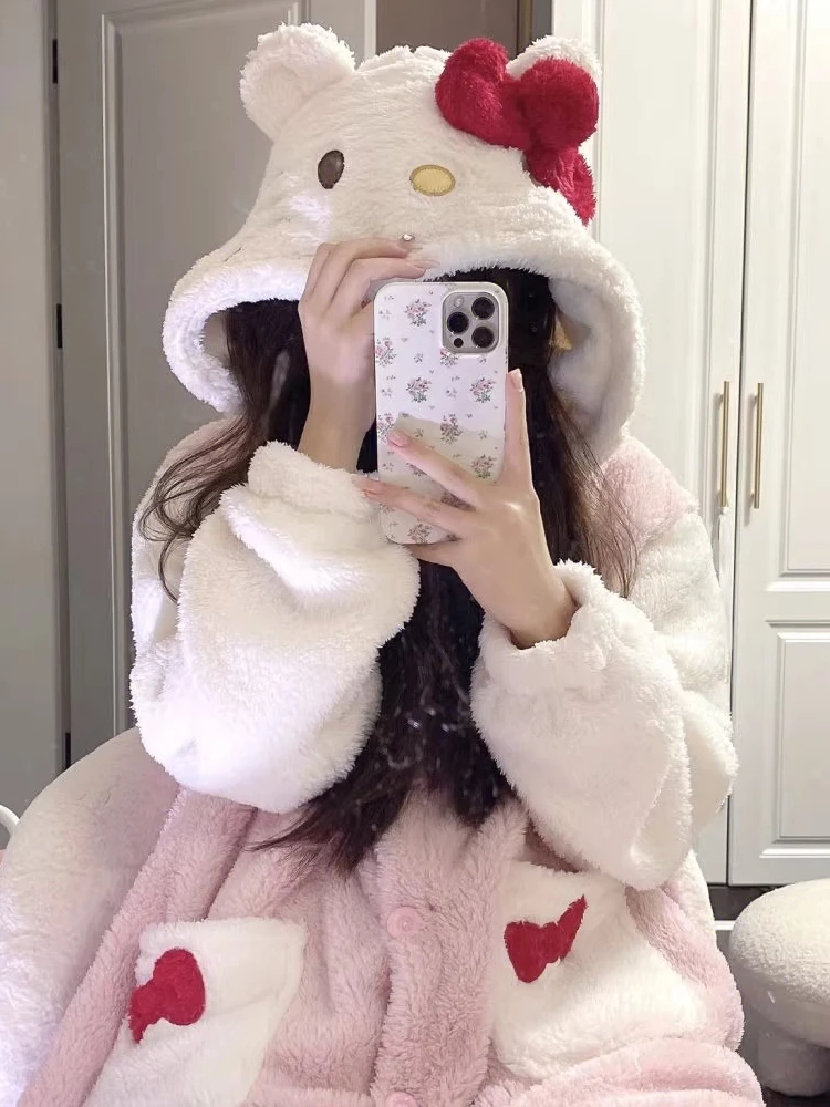 可爱凯蒂猫印花睡袍加厚珊瑚绒睡衣女秋冬网红风2025年家居服睡裙
