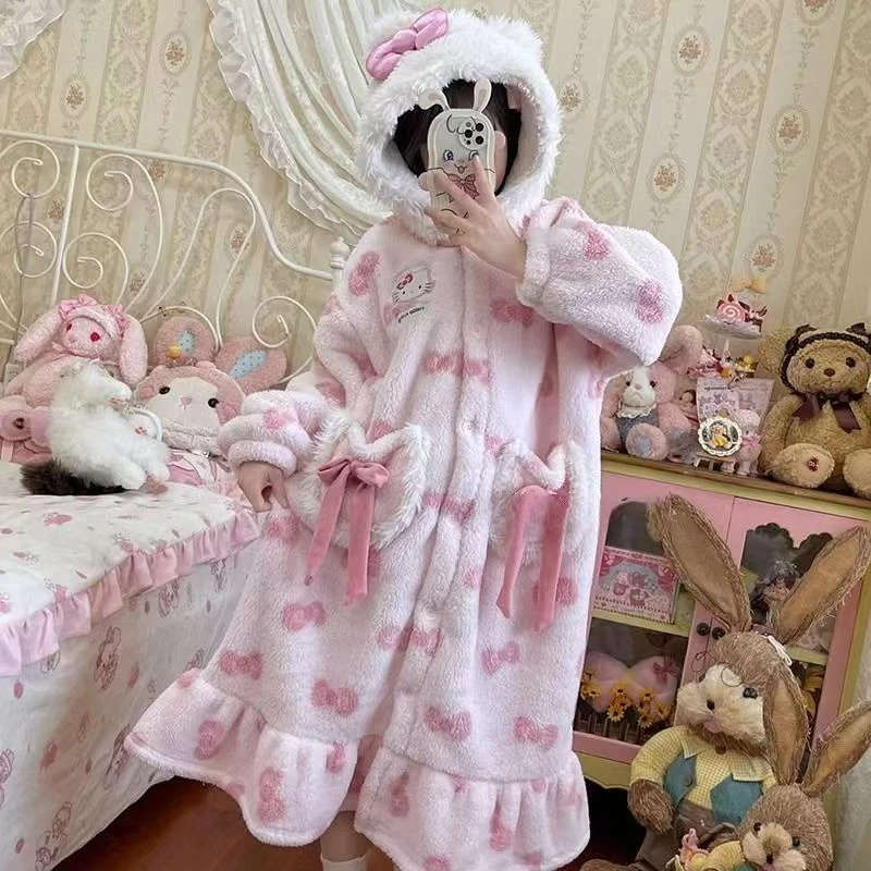 helloKitty凯蒂猫连帽珊瑚绒睡袍女秋冬季蝴蝶结保暖家居服套装