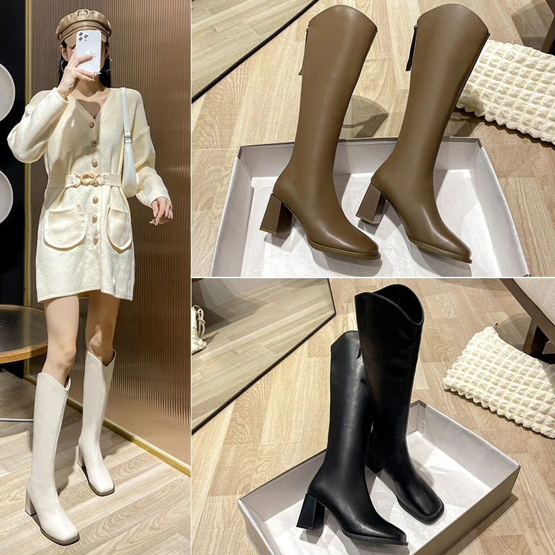 2023秋冬新款方头厚底粗跟高跟时尚百搭长筒靴瘦瘦靴女长靴