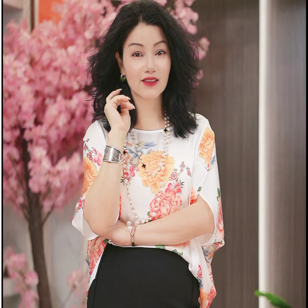 国色天香-夏季新款大码宽松显瘦时尚气质蝙蝠袖优雅牡丹印花上衣
