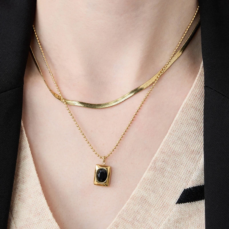 钛钢合成锆石项链 欧美复古绿闪钻双层叠戴项链小众设计