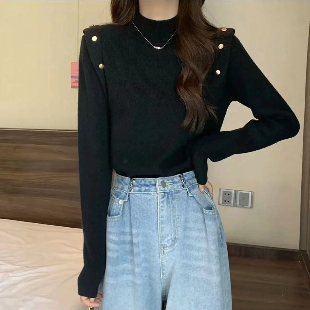 法式别致半高领毛衣女秋冬新款加厚内搭高级感时髦针织打底衫上衣