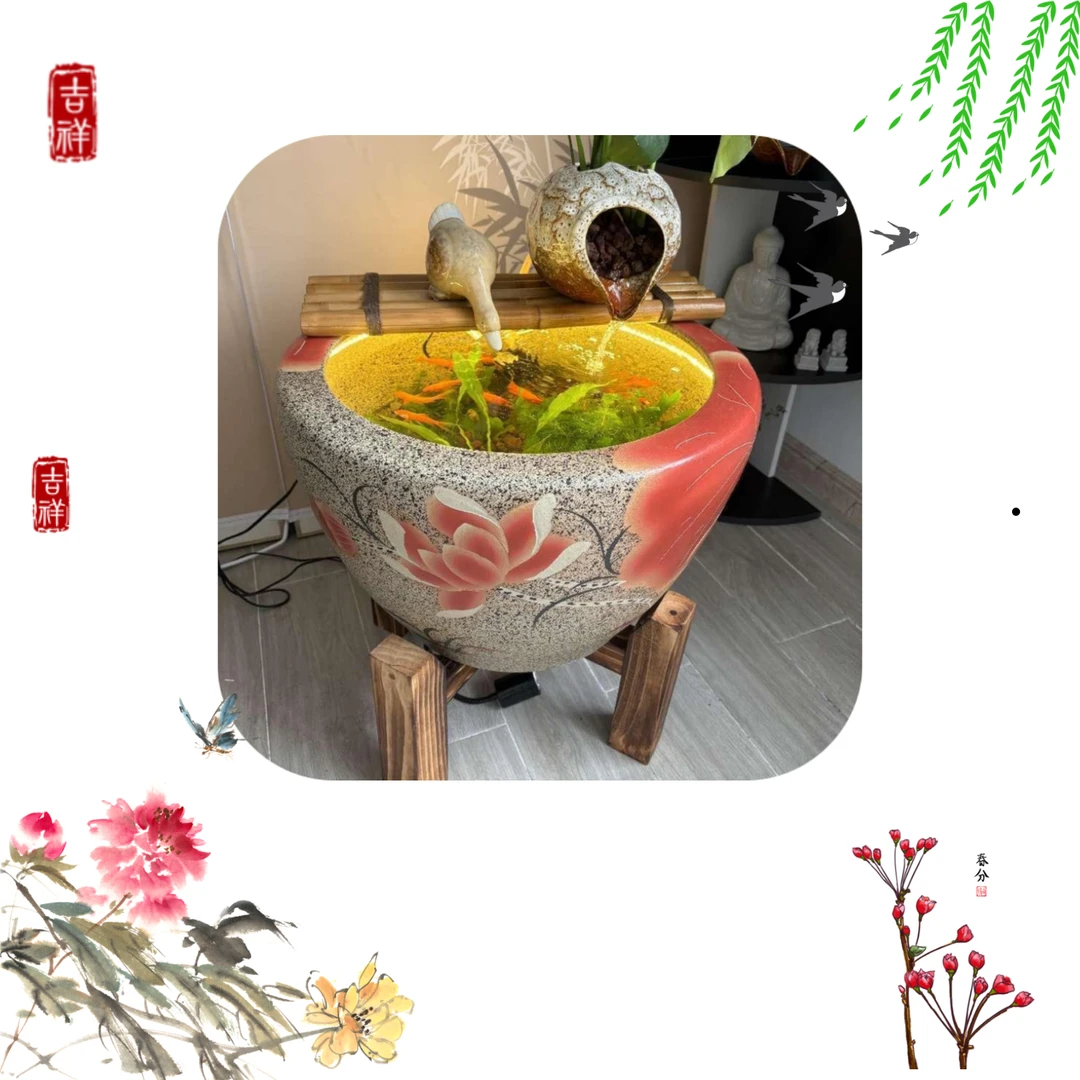 古法造景流水古法缸造景流水摆件景德镇茶室鱼缸生态养鱼办公室