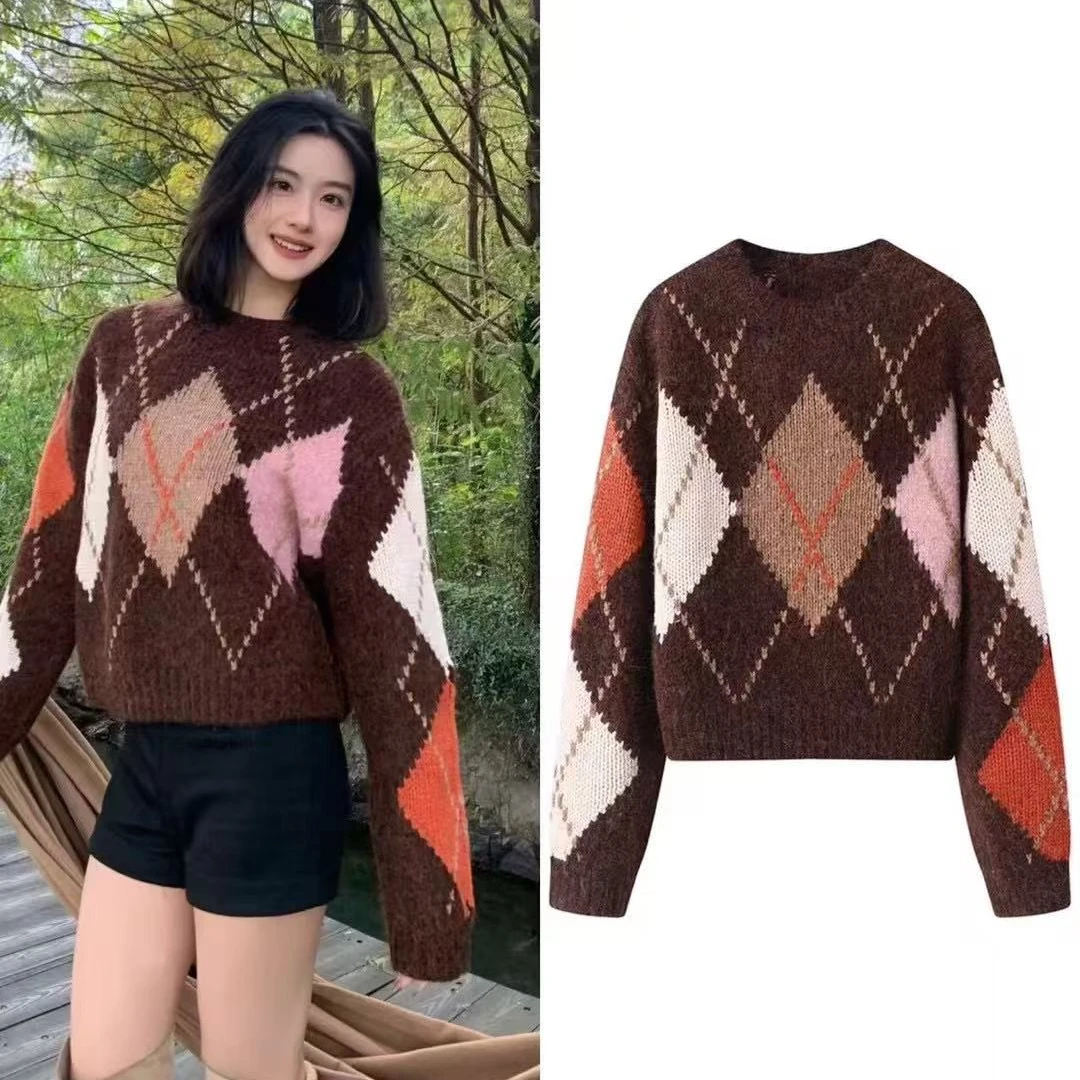 KS 8275-2024冬季新款百搭时尚复古菱格短款毛衣针织衫女