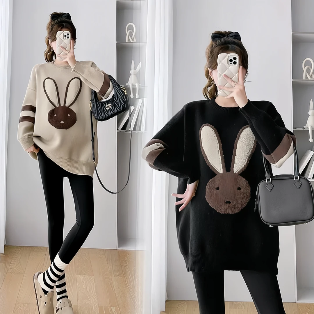 秋冬新款时尚韩版针织上衣小兔子图案宽松百搭显瘦毛衣Y3R99