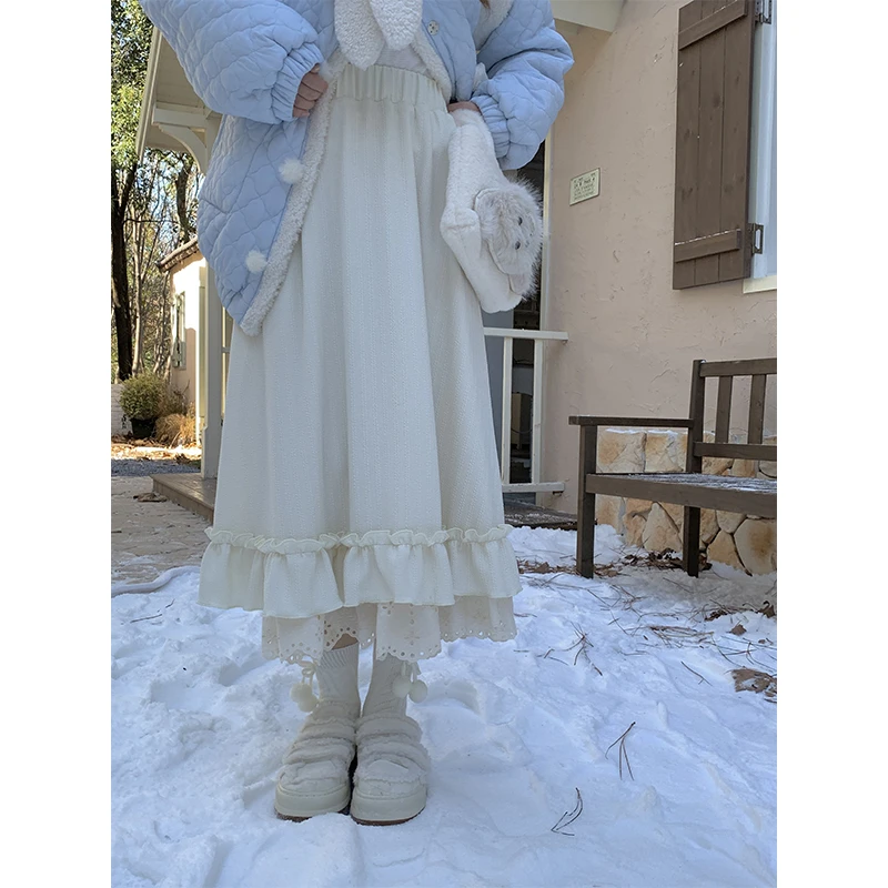 sinsingirl 茉莉奶白 米色蕾丝花边甜美半身裙春季高腰中长款裙子