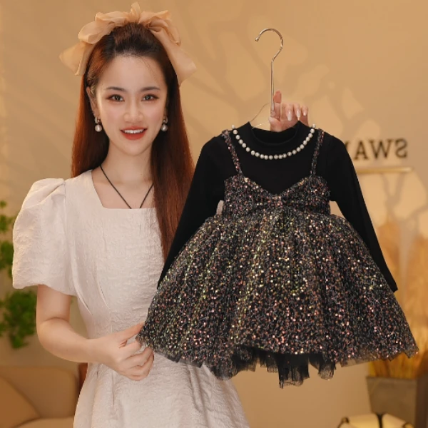 【Y.n0152】24新款女童港风重工亮片珍珠领公主裙女宝洋气连衣裙