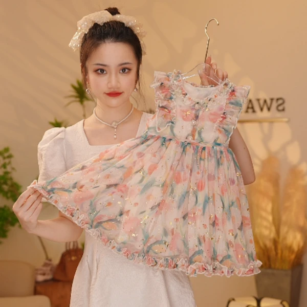 【Y.n2952】2024夏季新款女童碎花粉色系连衣裙女宝洋气无袖连衣裙