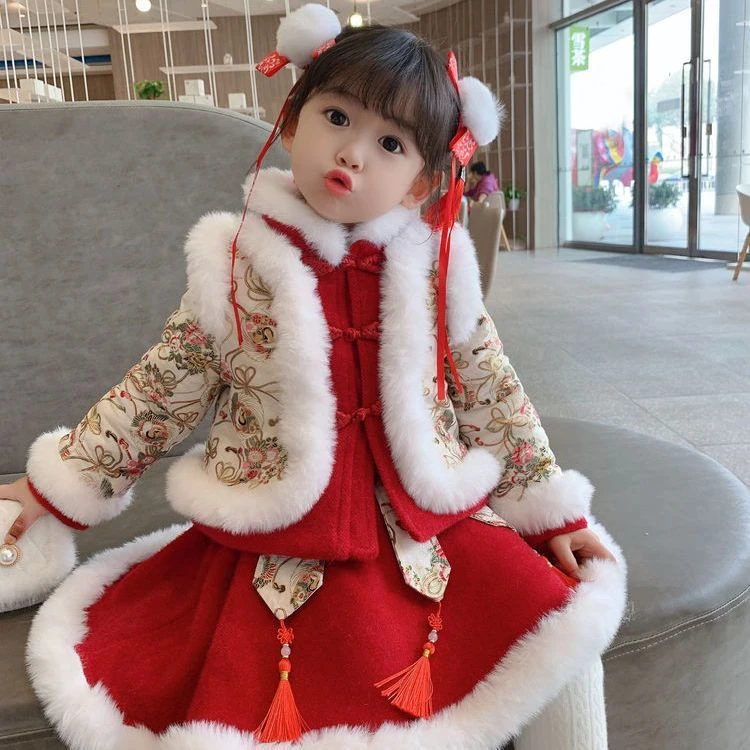 汉服女童冬装新年衣服儿童中国风童装加绒唐装小童过年宝女孩宝宝