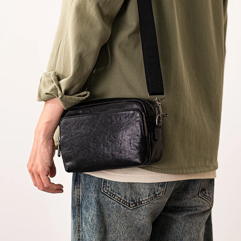 后步原创男士单肩斜挎包手机包休闲通勤运动潮流小包真皮牛皮男包