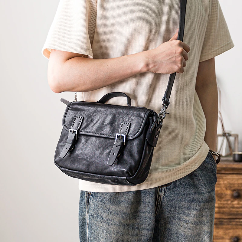 后步植鞣牛皮斜挎包多功能休闲公文包真皮通勤复古手提单肩邮差包