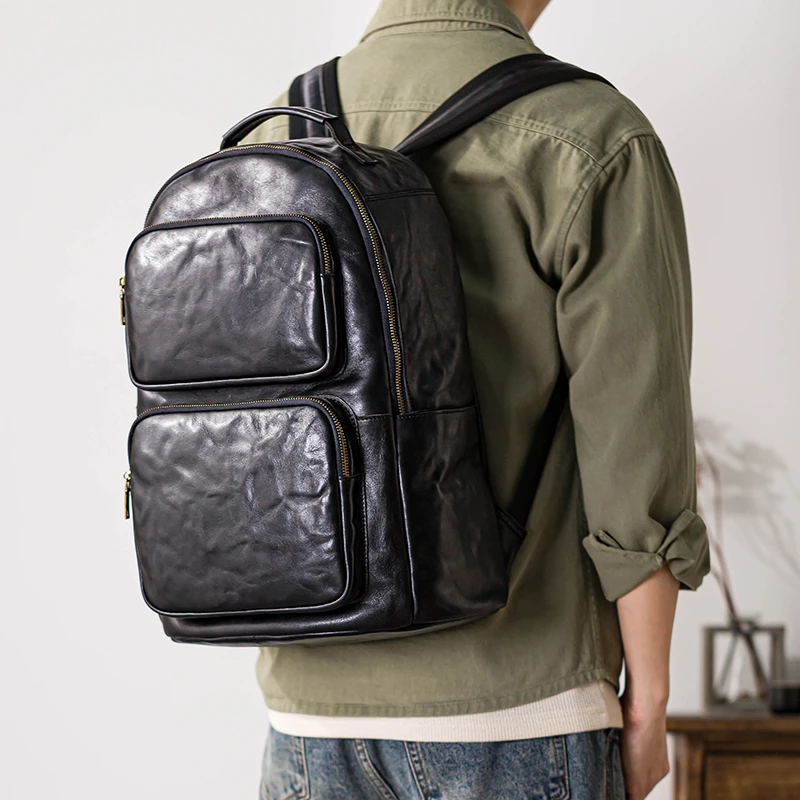 后步新款真皮男士双肩包头层牛皮大容量潮牌百搭电脑背包旅行包男