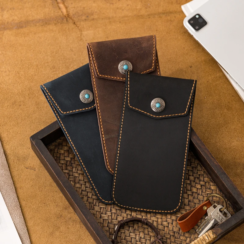 后步手工真皮笔袋疯马牛皮笔套大容量文具用品复古收纳包创意插笔