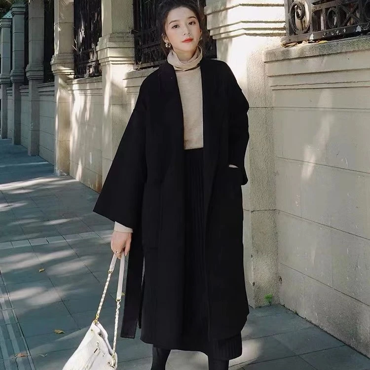 秋冬季韩版系带收腰双面羊毛呢子大衣女中长款大码显瘦赫本风外套