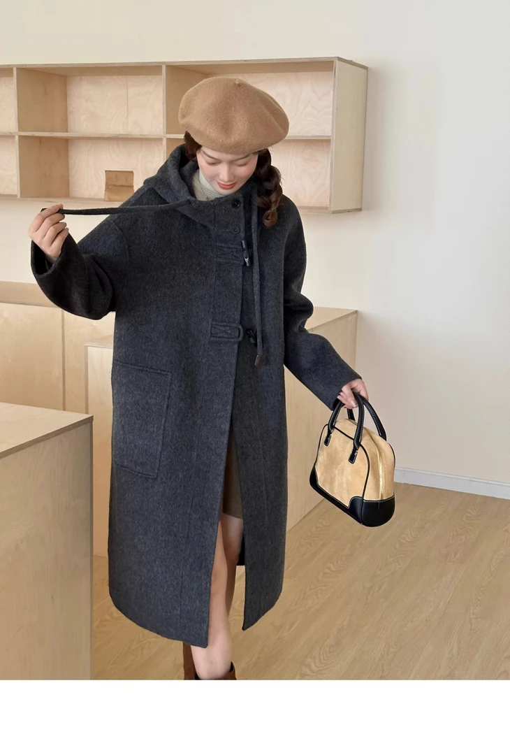 【欧阳专属】24新款韩版中长款宽松带帽显瘦牛角扣高品质毛呢外套