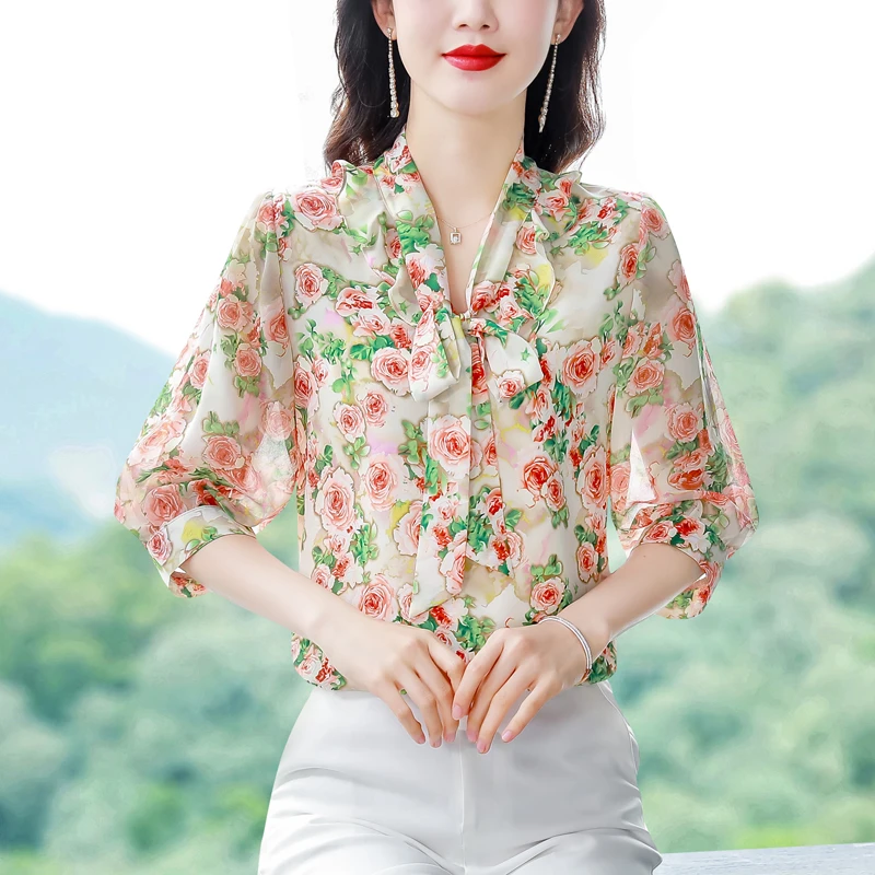 2023春夏季新款时尚荷叶边减龄气质飘带七分袖上衣女装小衫大码