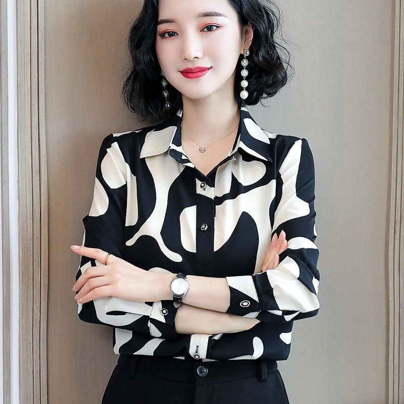 印花衬衫女百搭新款春秋装大码时尚上衣洋气长袖花色衬衣气质打底