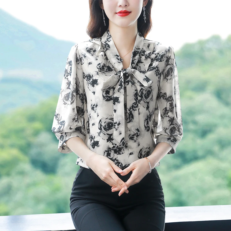 2023春夏季新款时尚荷叶边减龄气质飘带七分袖上衣女装小衫碎花