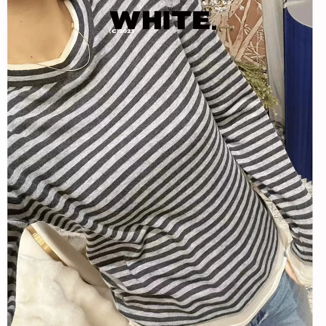 【夜梦】显瘦假两件针织长袖 条纹休闲针织打底衫