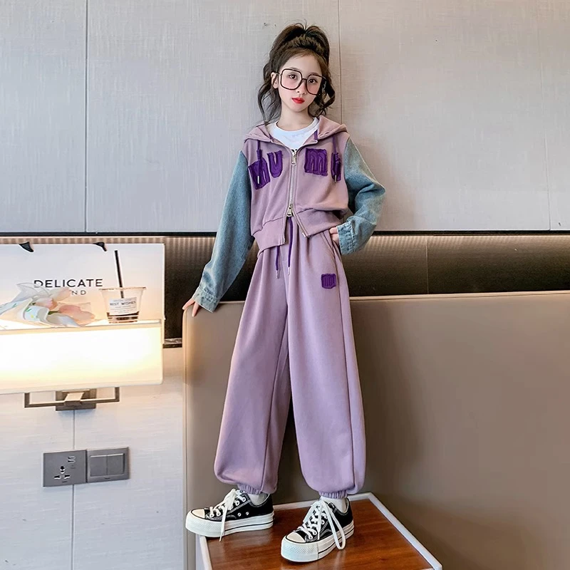 女童时髦套装2024新款小女孩韩系甜美洋气休闲牛仔拼接卫衣两件套