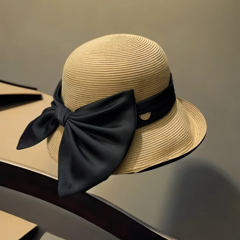 新款赫本风盆帽蝴蝶结草编帽大帽檐韩版绸缎卷边气质防晒海边帽女