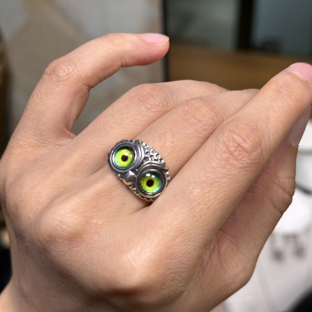 925银陶瓷戒指 925纯银复古银戒时尚可调节 50085