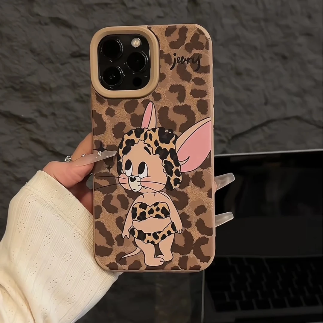 豹纹杰瑞适用苹果16手机壳iPhone15秋冬新款14/13/12翻毛皮全包套