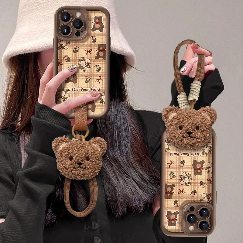 皮纹花朵小熊适用iPhone16苹果15华为可爱小米vivo手机壳秋冬新款