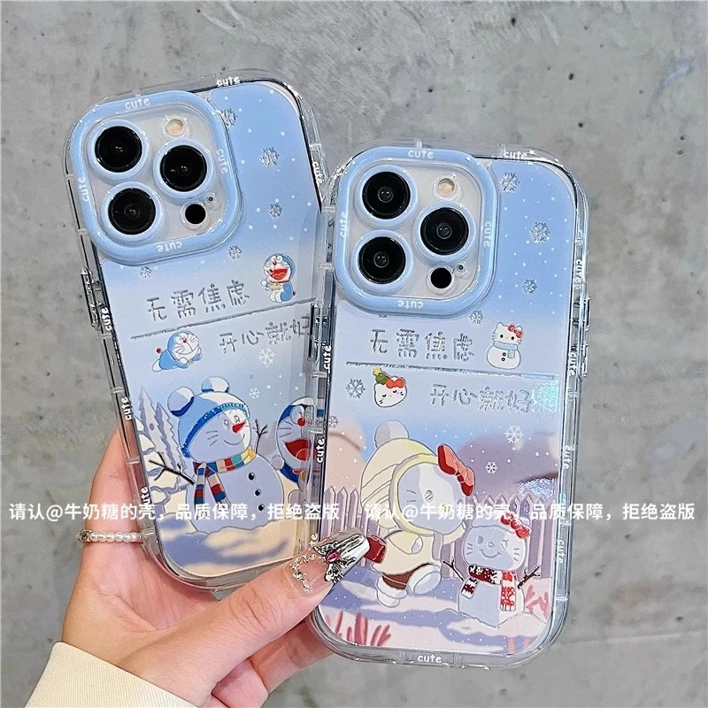 冬日叮当猫羽纱适用苹果16手机壳新款华为创意vivo高级小米15OPPO