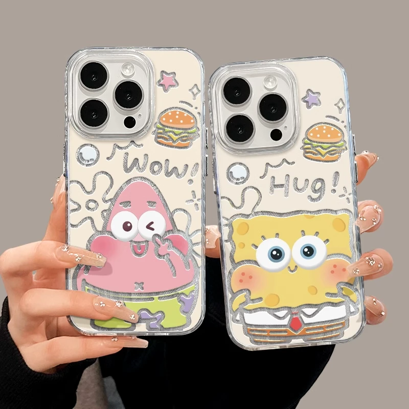 线条海绵宝宝适用苹果16羽纱手机壳华为情侣OPPO高级小米可爱VIVO